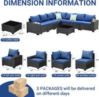 Jing's Villa 8-Piece Patio Furniture Set, All-Weather Outdoor Wicker Sectional Sofa with Cushions, Glass Table & Left and Right Armrest, Rattan Conversation Seating for Porch, Garden, Backyard,Navy