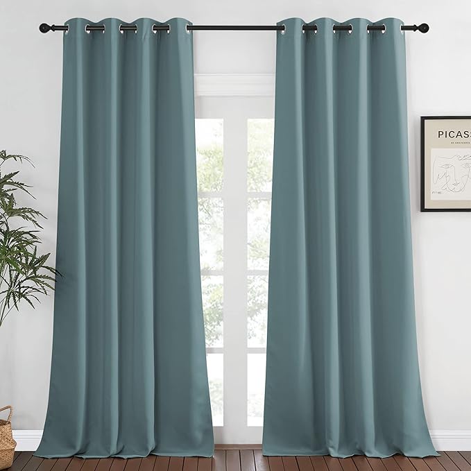 NICETOWN Blackout Greyish Blue Curtains & Drapes for Living Room - Thermal Insulated Solid Grommet Sound Reducing Energy Saving Window Treatments for Porch/Hall, 1 Panel, W52 x L90