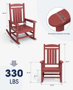 KINGYES HDPE Outdoor Rocking Chair Set of 4, All-Weather Poly Patio Rocking Chairs with 330lbs Support for Adults, Dark Red