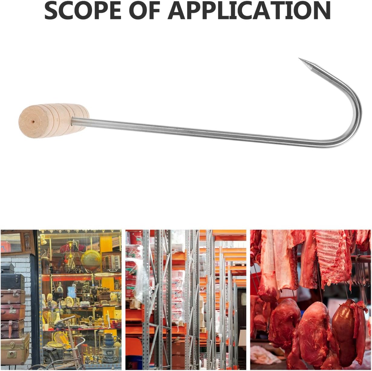 Abaodam 2Pcs T Shaped Meat Hooks with Wood Handle Meat Processing Hooks for Hanging Pork Beef Bacon Chicken Goose Roast Butchering Supplies for Slaughterhouses BBQ Shops