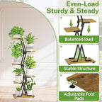 iDavosic.ly 5 Tier Indoor Plant Stand, Corner Tall Metal & Wood Flower Shelf, Orchid Display Rack for Living Room Balcony Patio Porch, Space Saving & Multifunctional Display, Black & Brown