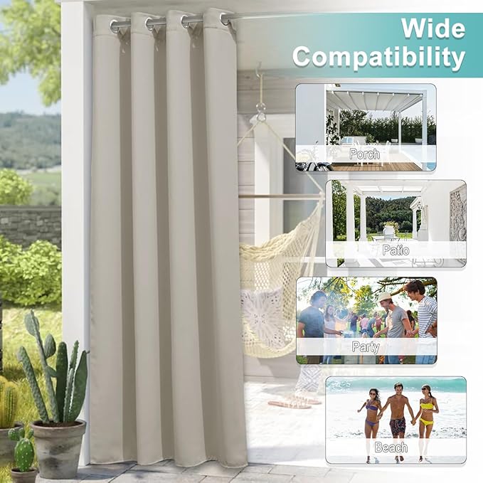NICETOWN Outdoor Curtains for Patio Waterproof Extra Wide 84", 2 Panels Sun Blocking Vertical Blinds Thermal Insulated Stainless Grommet for Front Porch/Gazebo/Pergola, Natural, 84" Long