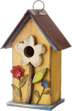 Glitzhome Bird Houses for Outside, 10.2" H Hanging Bird House for Outdoor Patio Garden Decorative Birdhouse Pet Cottage Distressed Wooden Birdhouse for Swallow Sparrow Finch Cardinals, Yellow Flower