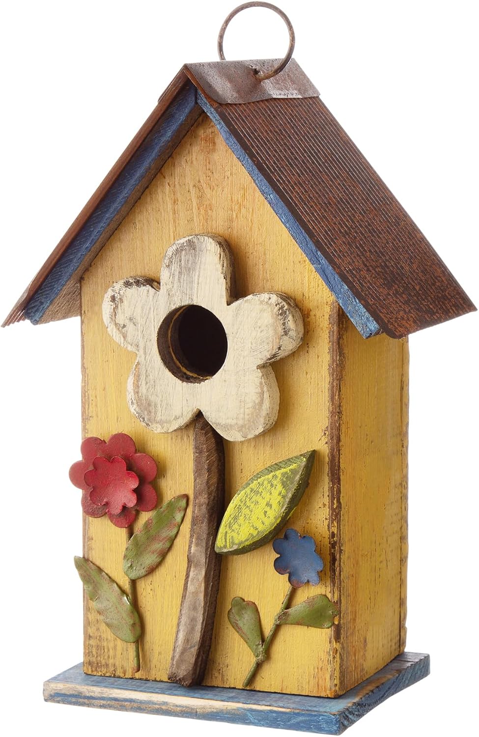 Glitzhome Bird Houses for Outside, 10.2" H Hanging Bird House for Outdoor Patio Garden Decorative Birdhouse Pet Cottage Distressed Wooden Birdhouse for Swallow Sparrow Finch Cardinals, Yellow Flower