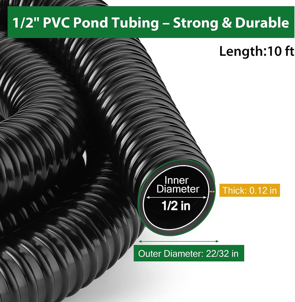 1/2 Inch Pond Tubing – 10ft Heavy Duty PVC Corrugated Pond Hose with 2 Stainless Steel Hose Clamps, Kink-Proof Black Pump Tubing for Garden Ponds, Waterfalls, Filters & Drainage