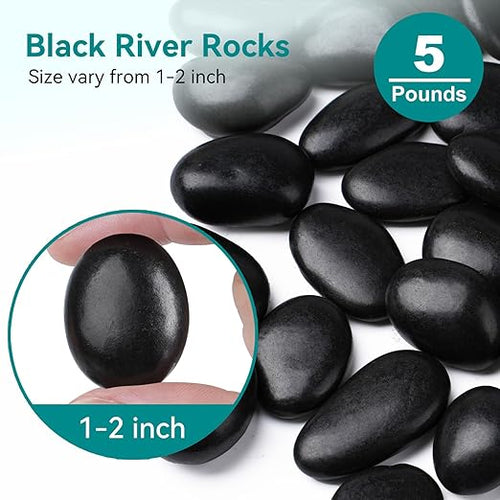 5 lbs Black Rocks for Planters, 1"-2" Decorative Rocks for Potted Plants, Polished Garden Stones for Outdoor Landscaping, Walkways, Yard, River Rocks for Flower Pots, Vase
