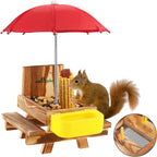 Wooden Squirrel Feeder Table with Water Bowl, Squirrel Picnic Table for Outside with Umbrella, Brown Squirrel Feeder with Corn Cob Holder Cute Chipmunk Feeder (Brown)