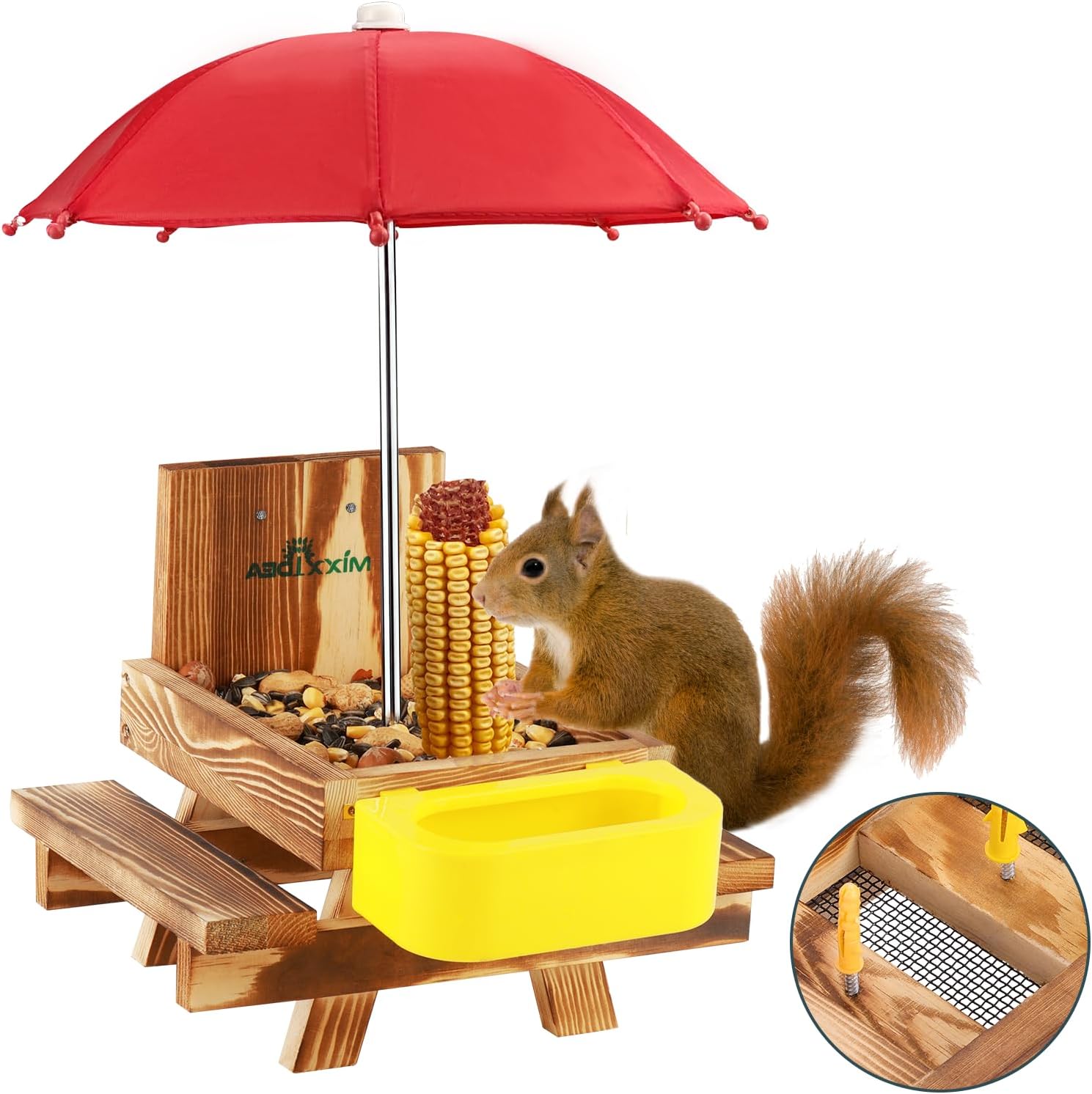 Wooden Squirrel Feeder Table with Water Bowl, Squirrel Picnic Table for Outside with Umbrella, Brown Squirrel Feeder with Corn Cob Holder Cute Chipmunk Feeder (Brown)