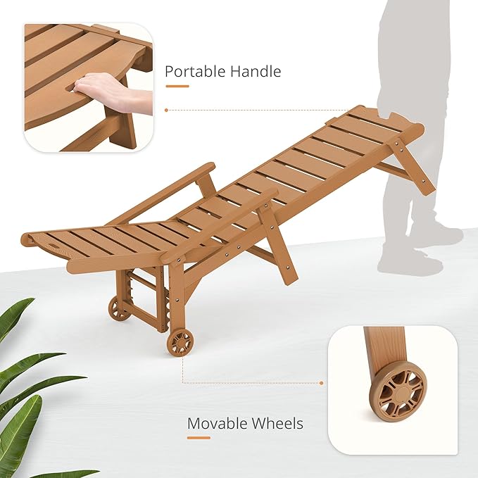 LUE BONA Chaise Lounge Chair with Table, 2-Piece, HDPS Chaise Lounger, 5 Positions Adjustable Lounge Chairs, Pool Lounge Chair with Wheels for Poolside, Backyard, Teak Color