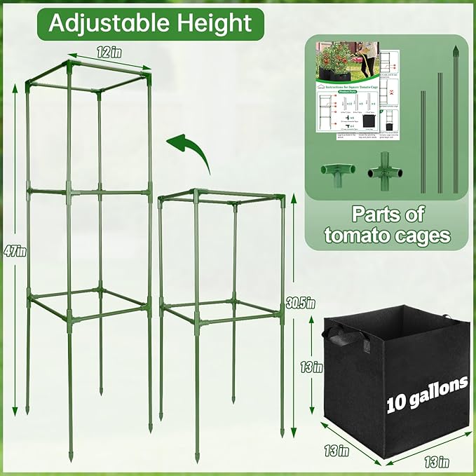 ANPHSIN 2 Sets Tomato Cages with 10 Gallon Grow Bags - 47'' Stable Plant Support Trellis Kit, Square Cages with Planter Pots for Garden Flowers Vegetables Cucumber Vertical Climbing Plants Vines