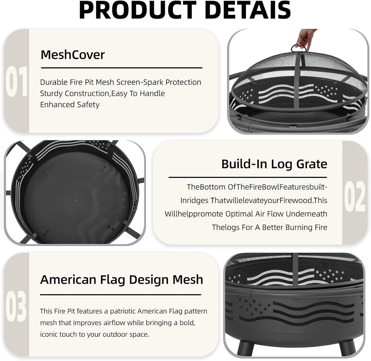 breezz american flag wood-burning fire pit, 32 in, close-up detail