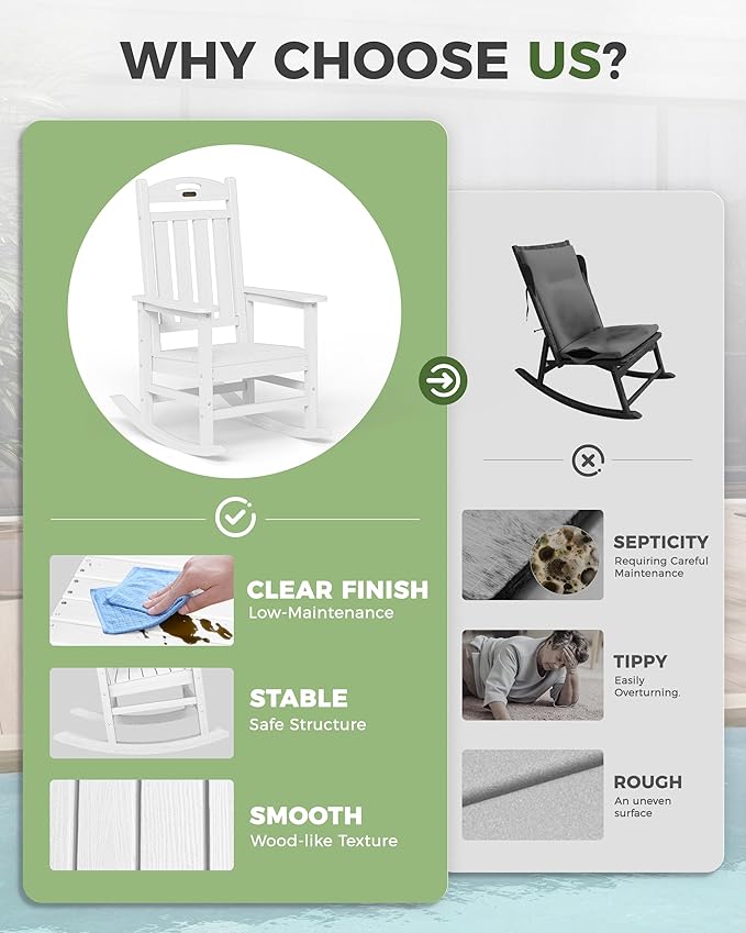 Oversized Rocking Chairs Outdoor Set of 4, High Back Porch Rocking Chair, HDPE All Weather Resistant Patio Chairs, 380lbs Weight Capacity, White