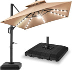 Best Choice Products 12x12ft LED Cantilever Patio Umbrella w/Base Included & 360° Rotation, Large Solar Offset Hanging Outdoor Sun Shade for Deck, Backyard Table w/Stand & Lights – Tan
