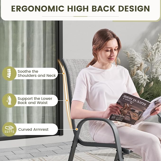 UDPATIO Patio Chairs Set of 2, Stackable Outdoor Dining Chairs with High Back, Breathable Textilene Fabric Outdoor Chair All Weather, 350LBS Capacity for Garden, Backyard (Light Grey)