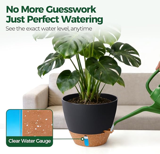 T4U 5 Pack Self Watering Pots (6"+8"+9"+10"+12") - Water Level Indicator & Deep Reservoir, Mess-Free Planters for Busy People, Beginners & Gardeners, Fit Most Plants, Indoor Outdoor Use (Black)