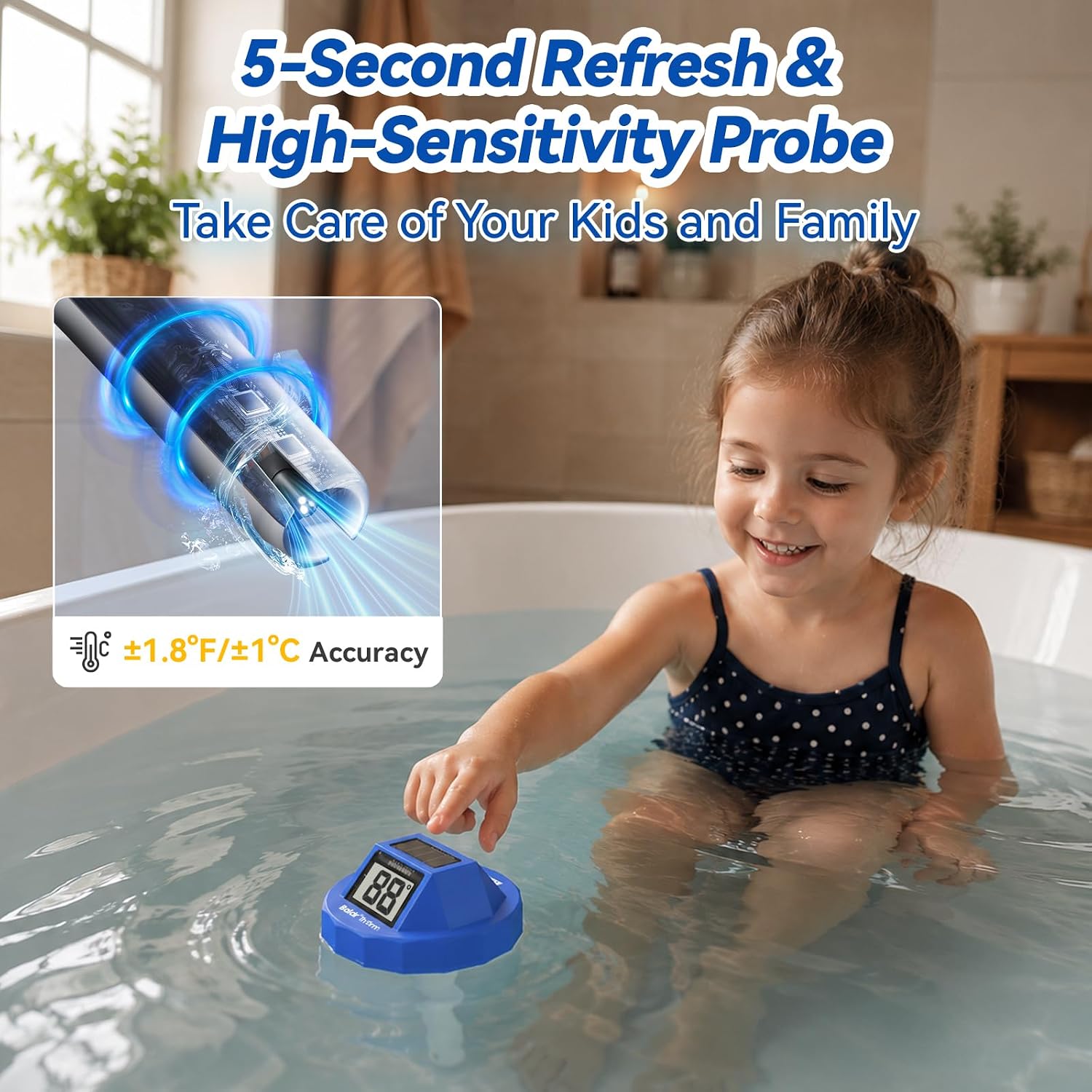 Pool Thermometer Swimming Floating | Digital Water Thermometer Sensor | Solar Powered | Easy Read | Anti-Fog, for Hot Tub, Spa & Ice Bath