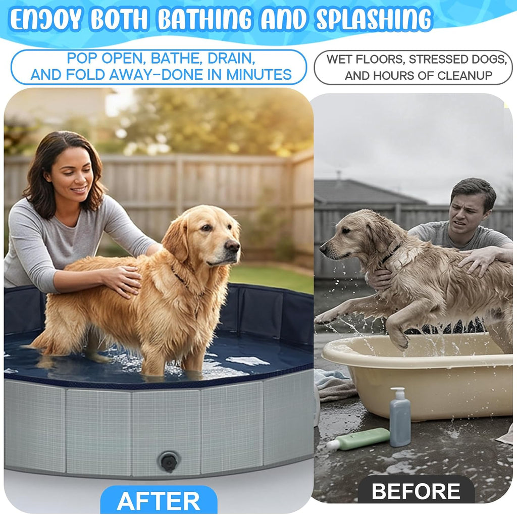 Dog Kiddie Pool for Small Medium Large Dogs, Multiple Pets, 63" Gray | Includes Repair Patches, Non-Slip Bottom, Scratch-Resistant, Collapse Prevention, Indoor & Outdoor Use, Easy Maintenance