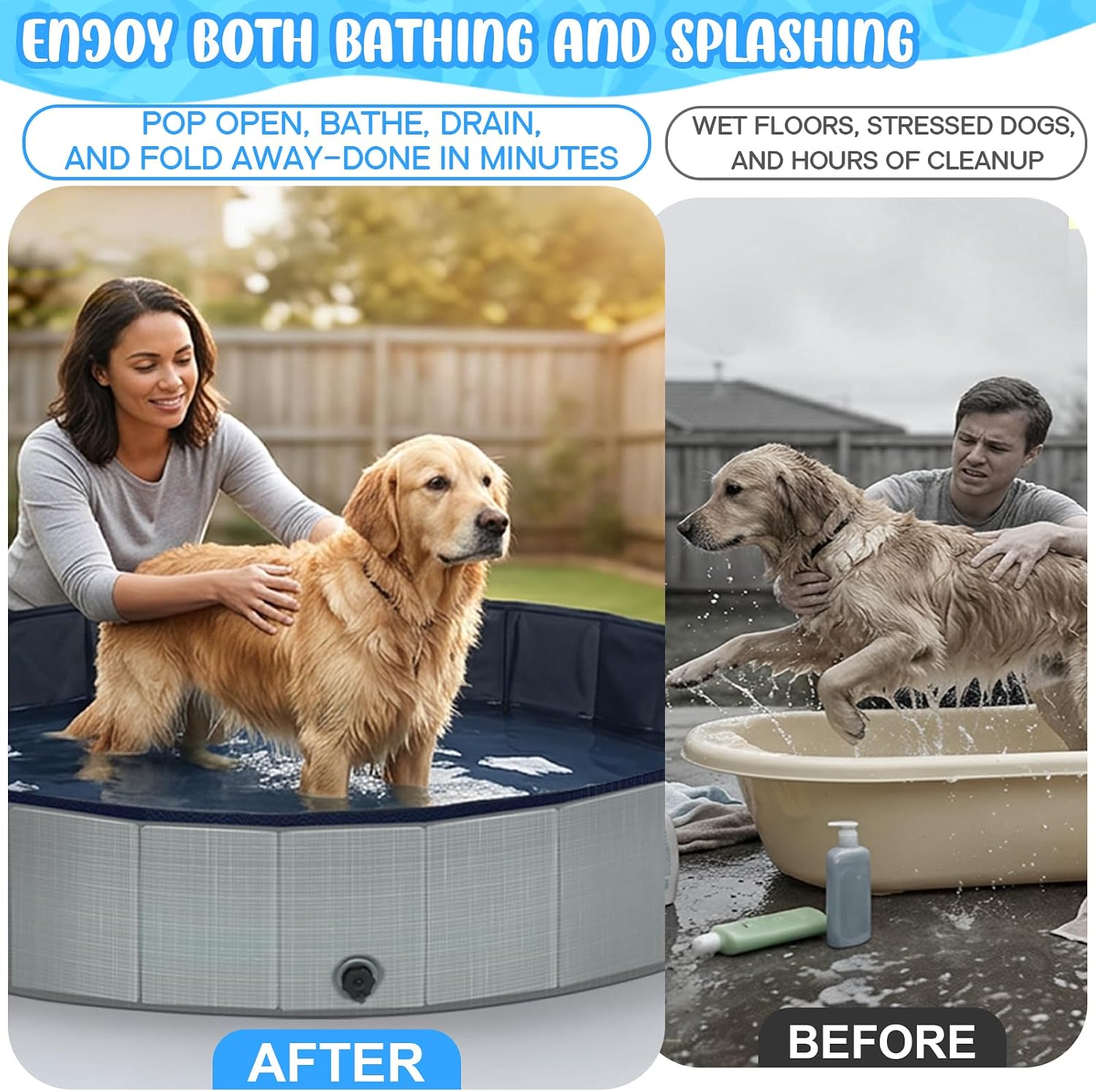 Dog Kiddie Pool for Small Medium Large Dogs, Multiple Pets, 63" Gray | Includes Repair Patches, Non-Slip Bottom, Scratch-Resistant, Collapse Prevention, Indoor & Outdoor Use, Easy Maintenance