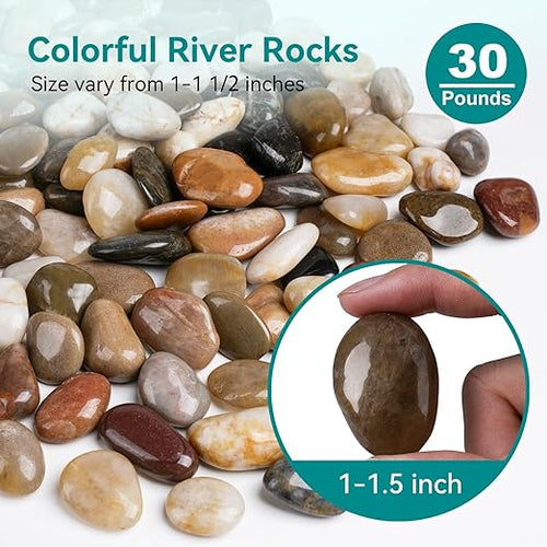30 lbs River Rocks, 1-1 1/2 inch Plant Rocks for Pots Indoor, Decorative Garden Rocks Outdoor Landscaping, Polished Natural Stone for Walkways, Yard, Vases, Crafts