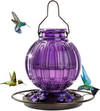 Glass Hummingbird Feeder for Outdoors Hanging, 26 fl oz Bird Nectar Feeder | 5 Metal Flower Feeding Ports, 360° Perch Ring, Easy Refill Clean, Leakproof, Ideal for Backyard Garden Outdoor Decor, Purple