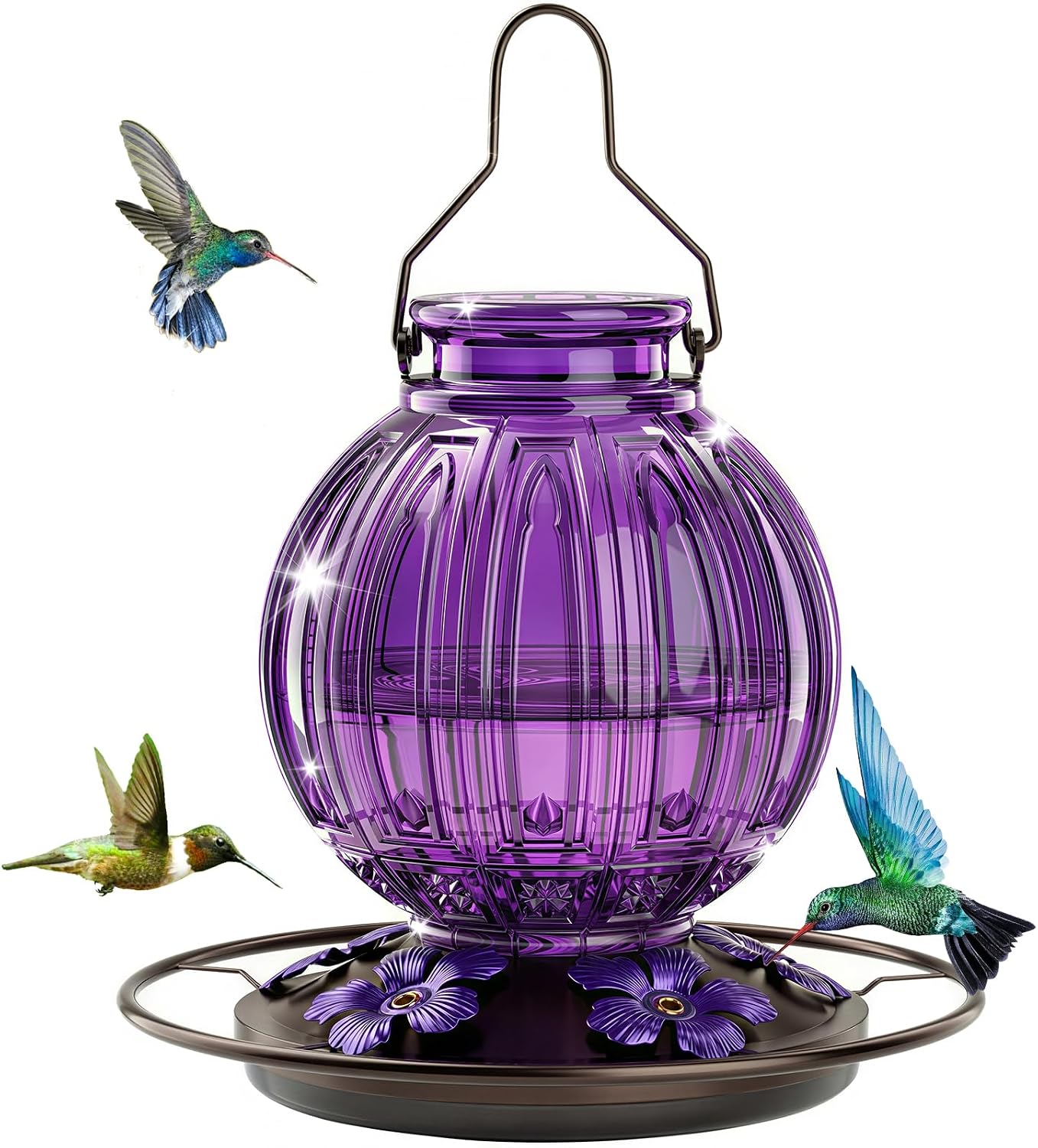 Glass Hummingbird Feeder for Outdoors Hanging, 26 fl oz Bird Nectar Feeder | 5 Metal Flower Feeding Ports, 360° Perch Ring, Easy Refill Clean, Leakproof, Ideal for Backyard Garden Outdoor Decor, Purple