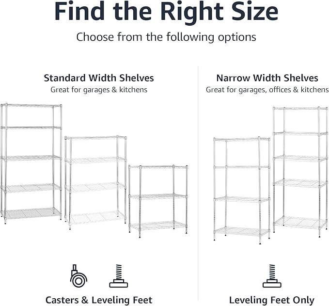 Amazon Basics 5-Shelf Adjustable Storage Shelving Unit for Garage, Steel Wire Rack, 200 Pound Loading Capacity per Shelf, 23.2" x 13.4" x 60", Chrome Finish