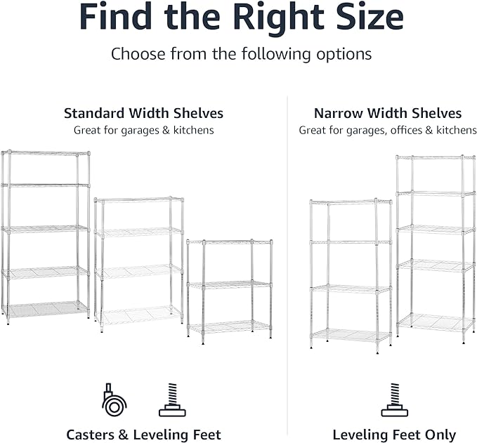 Amazon Basics 5-Shelf Adjustable, Heavy Duty Storage Shelving Unit on 4" Wheel Casters, Easy to Move Portable Wire Shelving, No Tools Needed for Easy Assembly, 30" x 14" x 64.8", Chrome