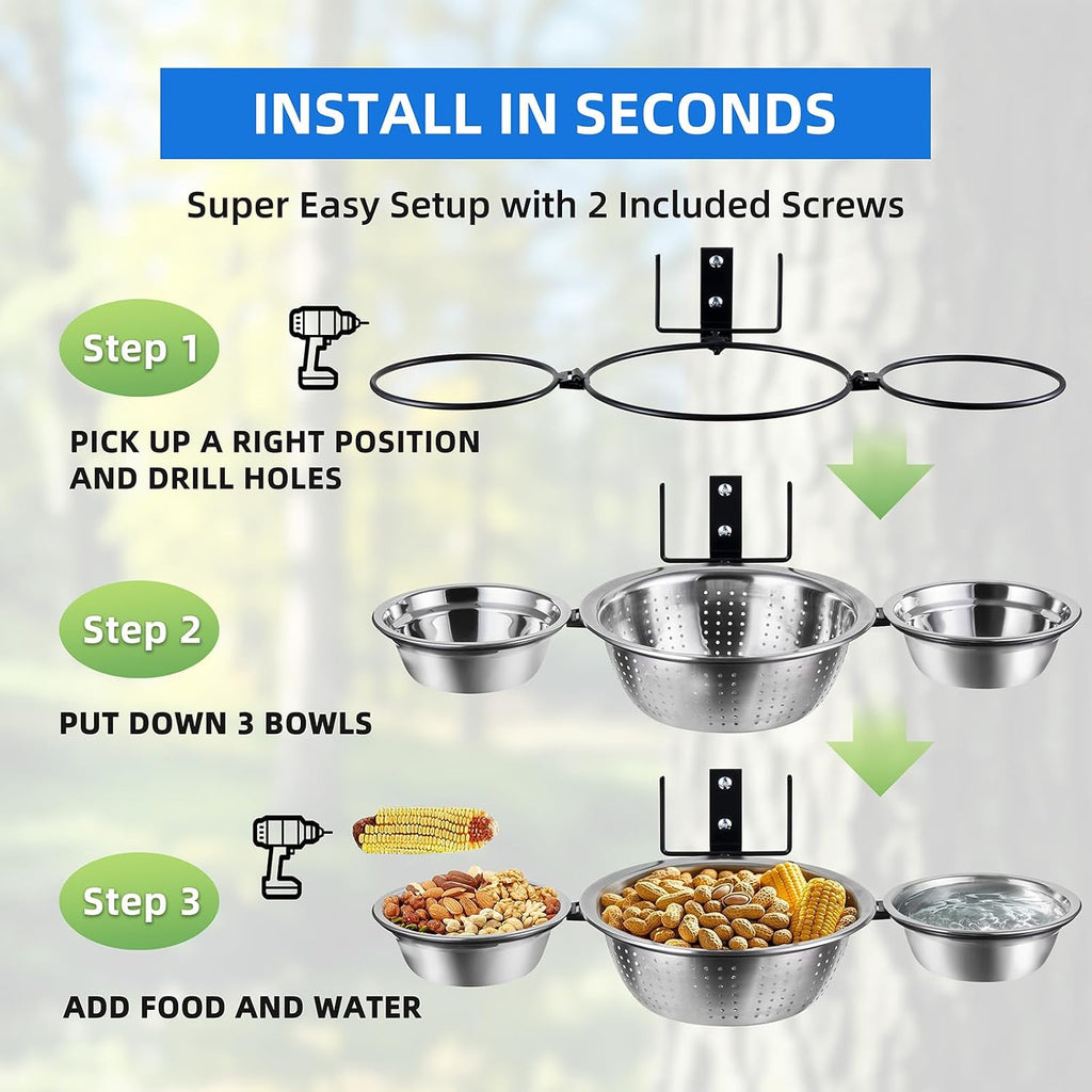 3-Hoop Squirrel/Bird Feeder, 2025 Cute Metal Bowl Outside Tree Mounted,1 x 8.5in Drainage Bowl+2 Corn Cob Spikes for Dry Food,2 x 5in Solid Bowls for Wet Food/Water, Perfect Squirrel Feeders for Yard