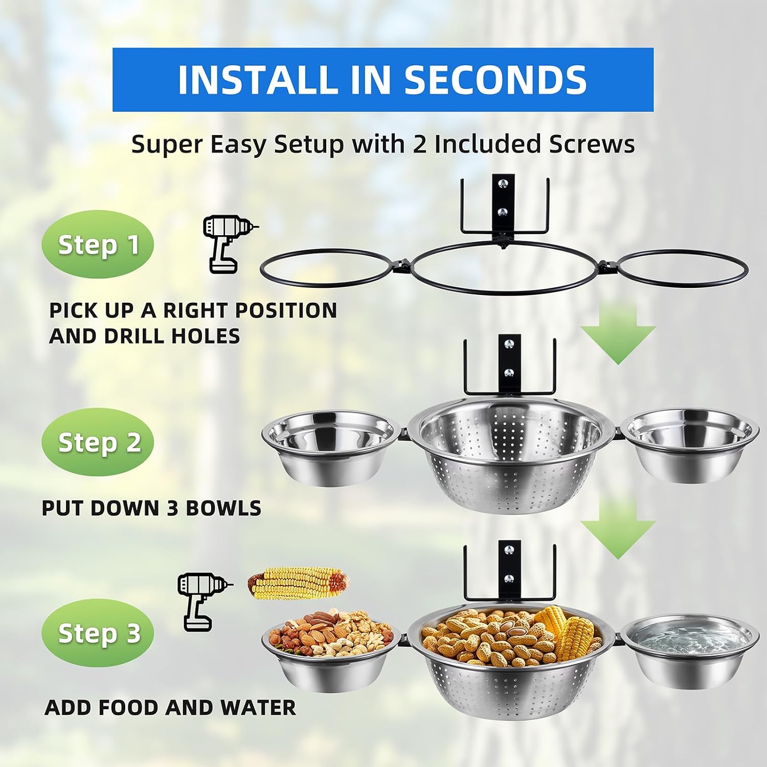 3-Hoop Squirrel/Bird Feeder, 2025 Cute Metal Bowl Outside Tree Mounted,1 x 8.5in Drainage Bowl+2 Corn Cob Spikes for Dry Food,2 x 5in Solid Bowls for Wet Food/Water, Perfect Squirrel Feeders for Yard