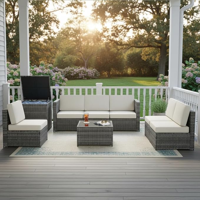Tangkula 8 Pieces Wicker Patio Furniture Set with Storage Deck Box, PE Rattan Outdoor Sectional Sofa Conversation Set with Coffee Table & Cushions, Outside Furniture for Garden Yard Poolside (White)