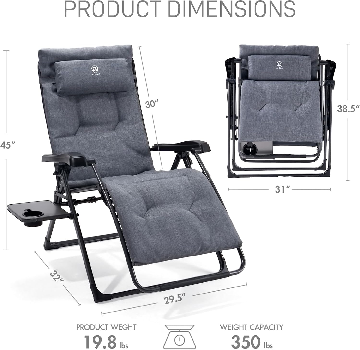 EVER ADVANCED Aluminum Zero Gravity Chair, 2.4" Padded, 350 lb Capacity | Oversized Reclining Lounge Chair with Adjustable Headrest and Side Table, Foldable for Camping, Patio, Lawn and Indoor Use