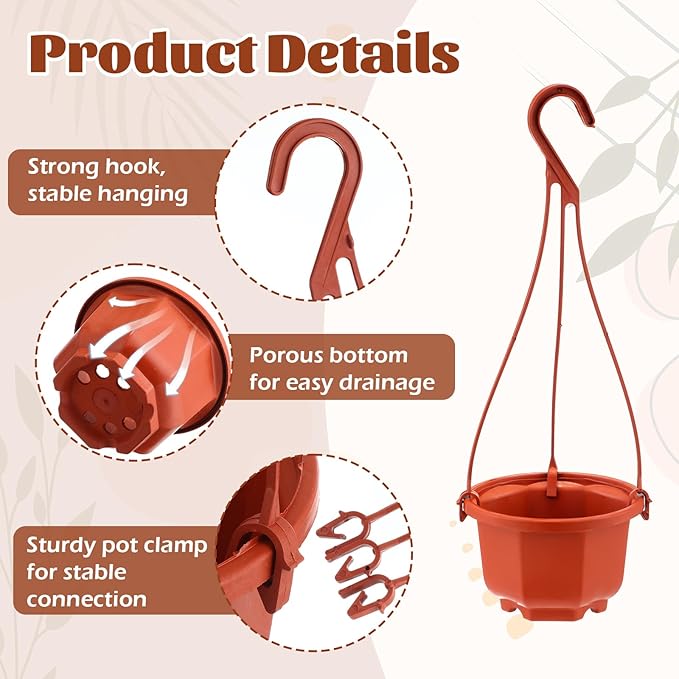 Roshtia 50 Pcs 3.7 inch Plastic Hanging Plant Pots with Hooks Flower Pots Baskets Outdoor Hanging Nursery Planter Holder for Home Garden Balcony Porch(Brown, 3.7 inch)