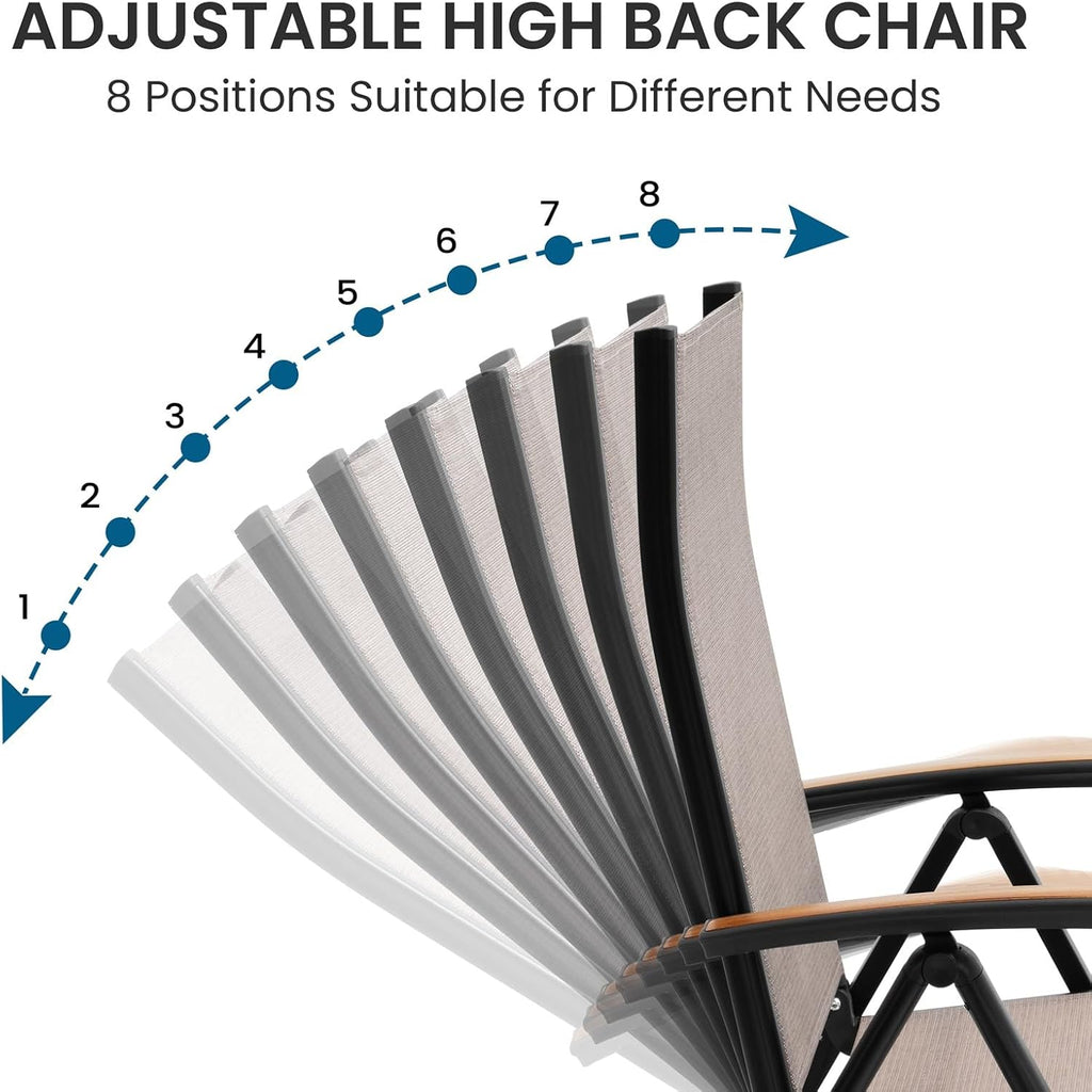 Folding Patio Chairs Set of 2, Outdoor Recliner Chairs | 8-Level Adjustable Reclining Back with Teak Armrest Aluminium Frame for Porch, Backyard, Brown DC071