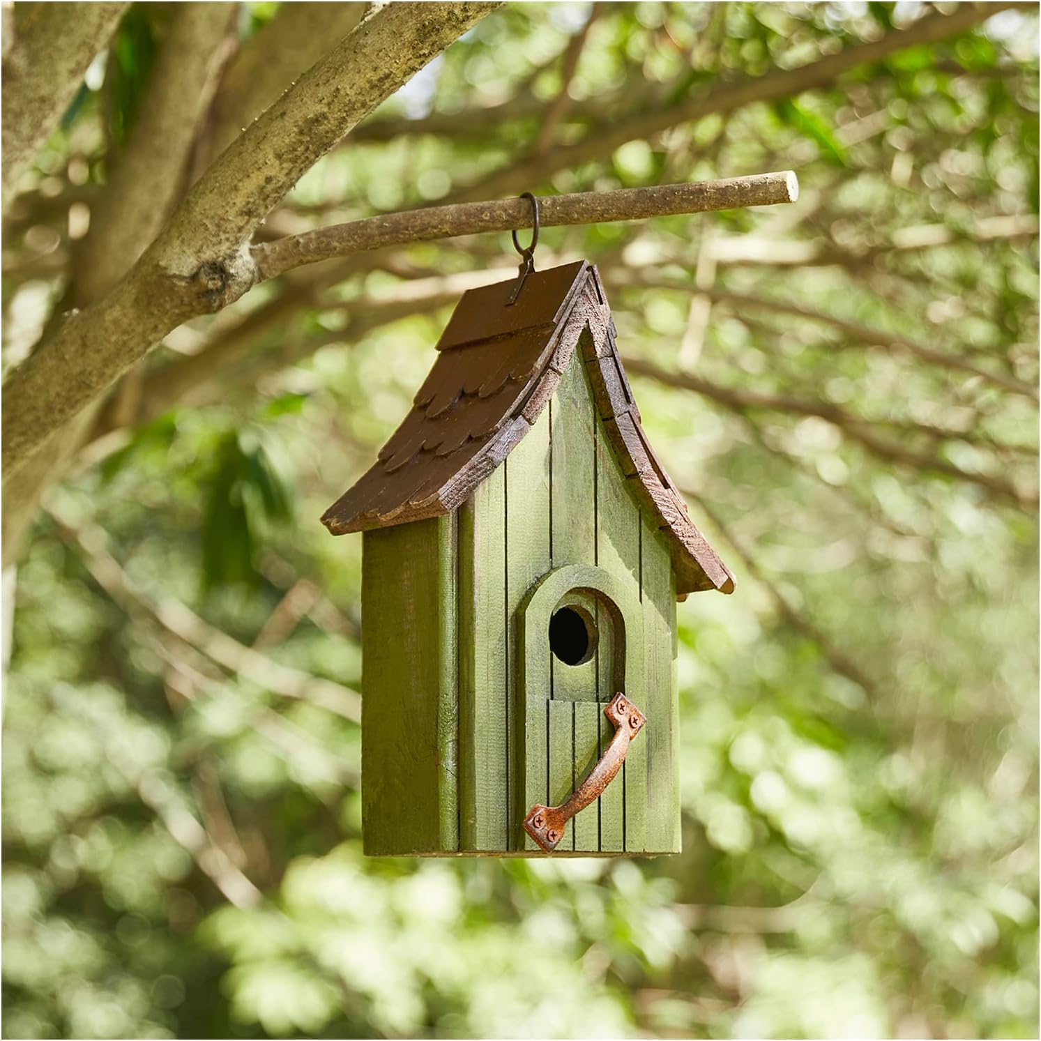 Glitzhome Birdhouses for Outdoors, Green Hand Painted Garden Wooden Bird House with Single Roof Hanging Bird House for Outside