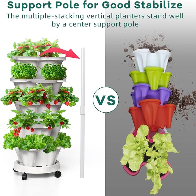 Strawberry Vertical Planters Tower Garden 3 Pack, 7 Tiered Stacking Herb Vegetable Planter with Support Pole Indoor and Outdoor - White