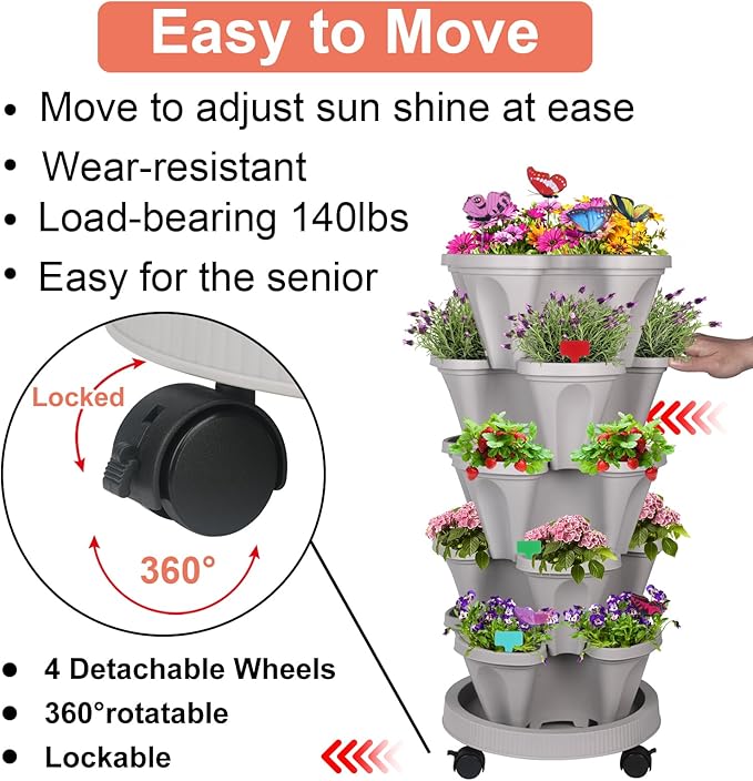 GameXcel Vertical Planter, 5 Tier Stackable Strawberry Planter with Garden Tool Set, Movable Indoor/Outdoor Garden Herb Pot for Growing Vegetables and Succulents, Gray