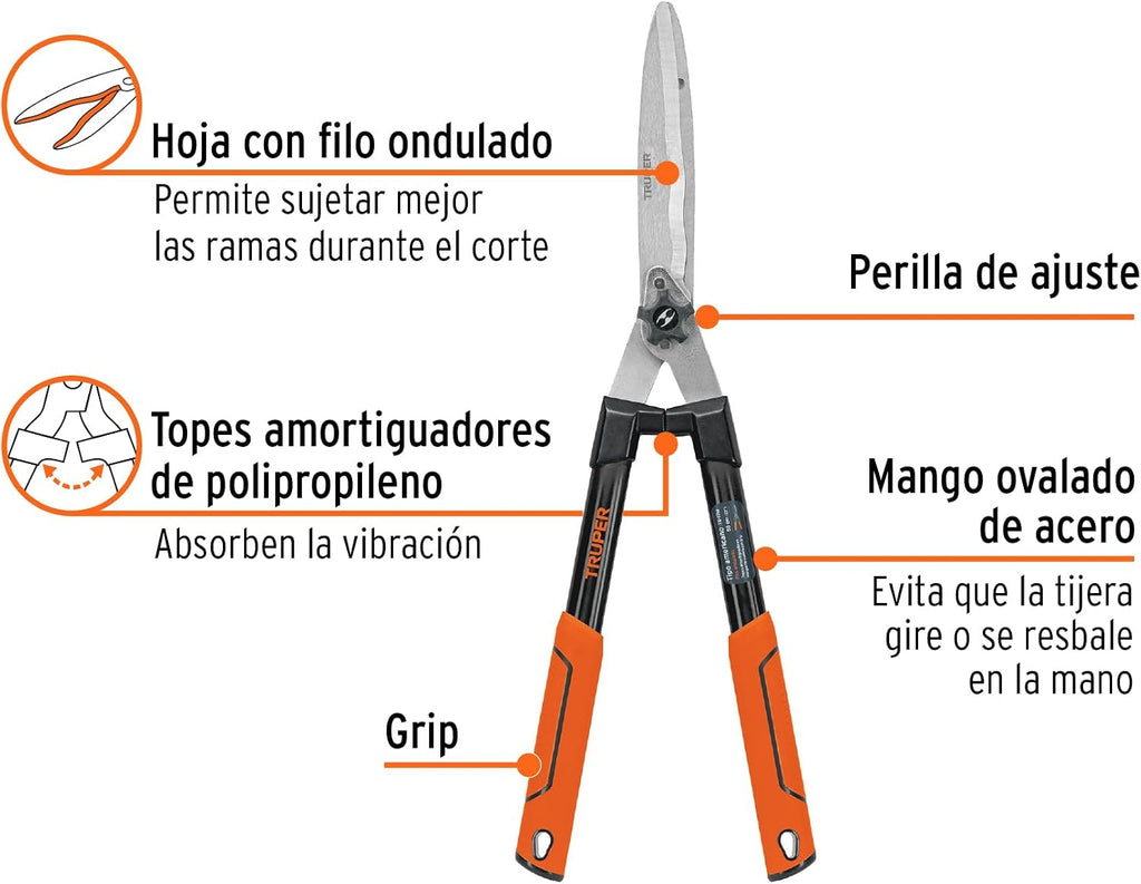 TRUPER TE-19W 7 1/2" Wavy Blade Wood Handle Hedge Shears w/Cushion Grip