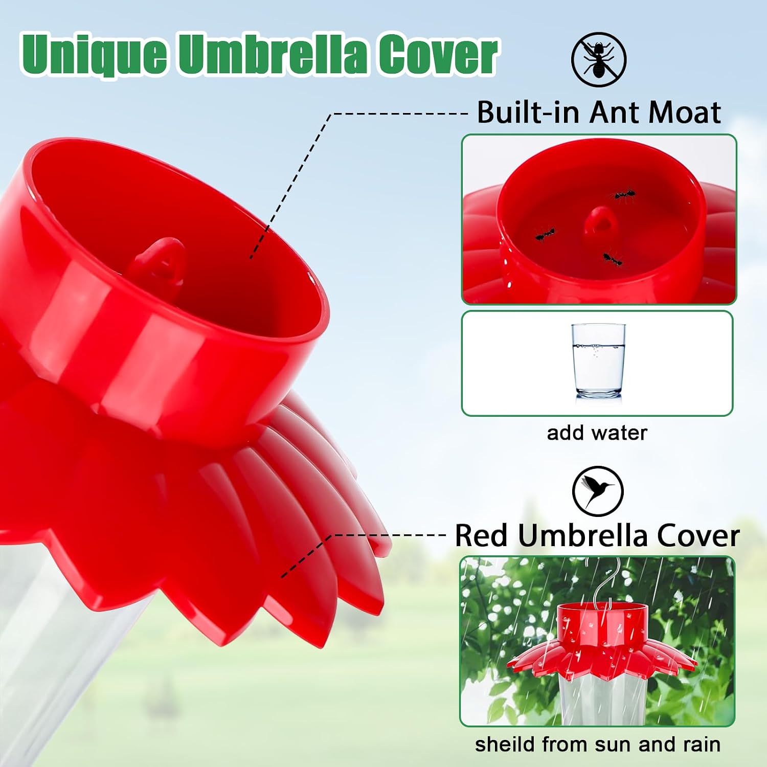Fchstaer Plastic Hummingbird Feeders for Outdoors Hanging, 2 Pack 10 OZ Clear Humming Bird Feeder with 6 Feeding Ports and Perch, Built-in Ant Moat, Gifts for Women Garden Decor