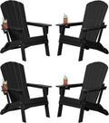 Folding Adirondack Chair Set of 4, Cup Holder，Wooden Textured ，Heavy All-Weather HDPE Comfortable Set Poolside Backyard Lawn Black