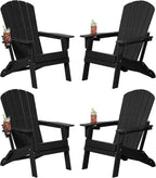 Folding Adirondack Chair Set of 4, Cup Holder，Wooden Textured ，Heavy All-Weather HDPE Comfortable Set Poolside Backyard Lawn Black
