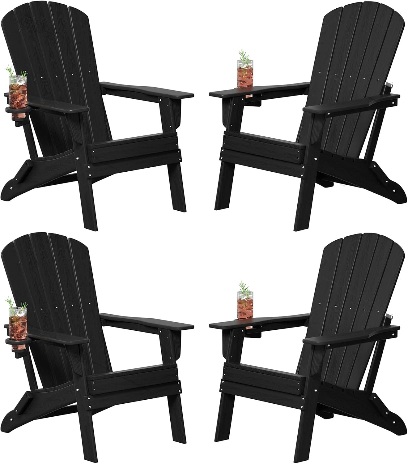 Folding Adirondack Chair Set of 4, Cup Holder，Wooden Textured ，Heavy All-Weather HDPE Comfortable Set Poolside Backyard Lawn Black