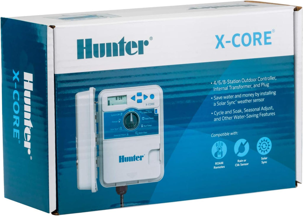 Hunter X-Core 6 Zone Sprinkler Timer, Indoor/Outdoor Sprinkler Controller | 6 station irrigation controller with seasonal adjustment, memory backup, manual controls, and no WiFi needed