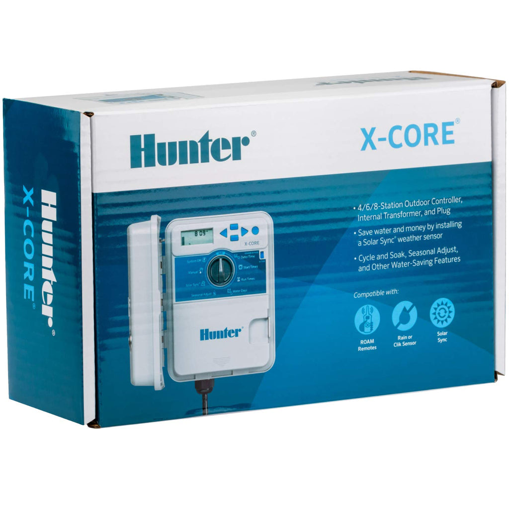 Hunter X-Core 4 Zone Sprinkler Timer, Indoor/Outdoor Sprinkler Controller | 4 station irrigation controller with seasonal adjustment, memory backup, manual controls, and no WiFi needed