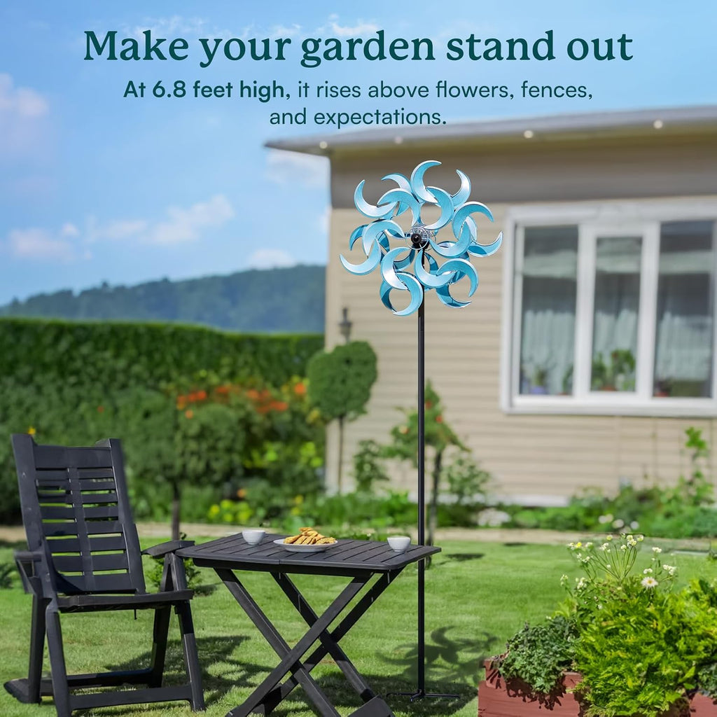 87" Wind Spinner Outdoor with Solar Light, Large Metal Wind Sculptures Spinners, Windmill for Garden Yard Patio Lawn Decor - Azure Moon (23" W x 87" H)