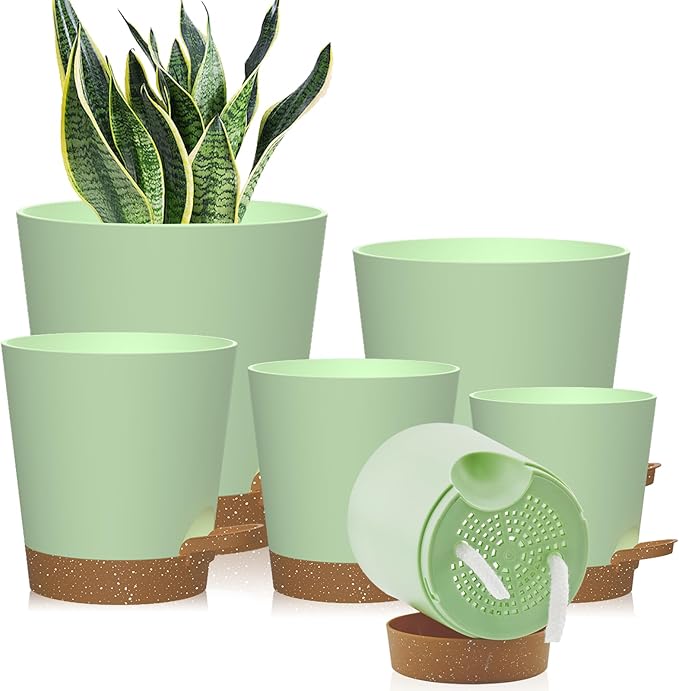 Self Watering Pots, 7/6.5/6/5.5/5/4 inch Flower Pots with Multi Mesh Drainage Holes, Small Platic Planters for Indoor Outdoor Garden Plants and Flowers (Green with Brown Tray, 7"+6.5"+6"+5.5"+5"+4")