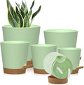 Self Watering Pots, 7/6.5/6/5.5/5/4 inch Flower Pots with Multi Mesh Drainage Holes, Small Platic Planters for Indoor Outdoor Garden Plants and Flowers (Green with Brown Tray, 7"+6.5"+6"+5.5"+5"+4")