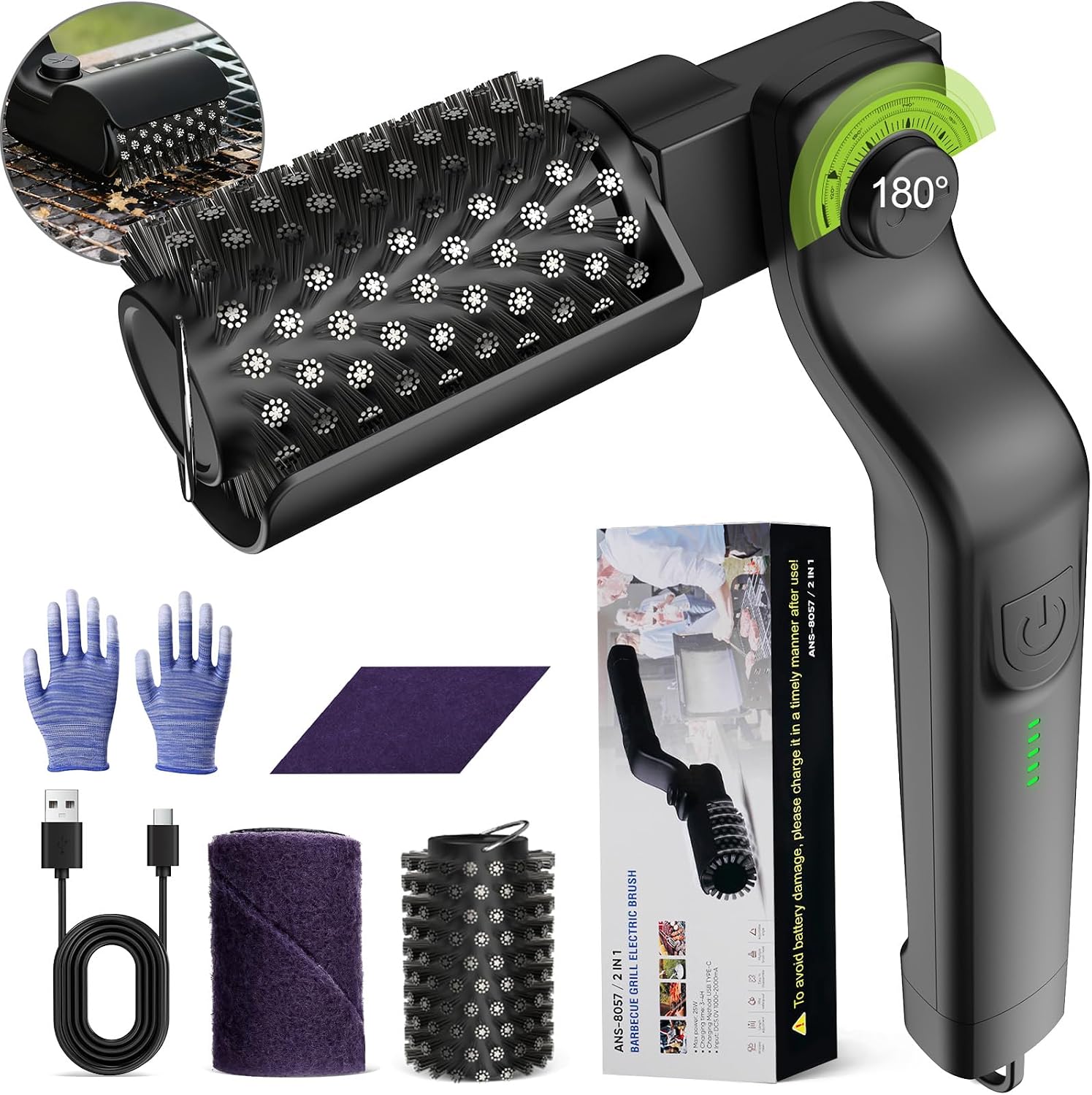 Electric Grill Brush, Cordless Rechargeable BBQ Grill Cleaner with 180° Adjustable Head, Powerful 3-Speed Motor, Stainless Steel Brush Head for Outdoor Grill, BBQ Grates, Gas Grills & Griddles