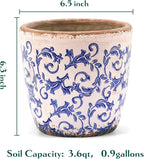 Vintage Ceramic Planter Without Drainage Hole, 6.5 Inch - Indoor/Outdoor Flower Pot for Orchids, Succulents, Blue Floral Rustic Farmhouse Plant Pot for Home, Office & Garden Décor, Ideal Gift