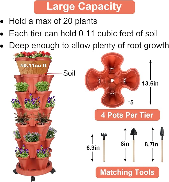 GameXcel Vertical Planter 7 Tier Stackable Planters Garden Planters Strawberry Herb Flower and Vegetable Planter Indoor Outdoor Gardening Pots with Removable Wheels and Tools 2-Pack