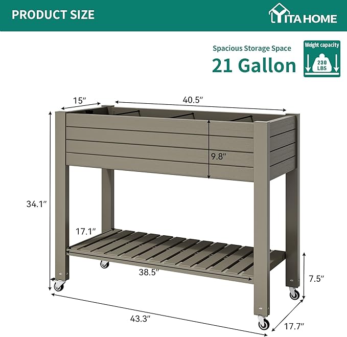 YITAHOME 3.6x1.5x2.8 FT Elevated Garden Bed Kit with Legs and Wheels, Outdoor Large Resin Planter Box Stand with Drain Plug and Storage Shelf for Plants Vegetables Fruits, Light Brown